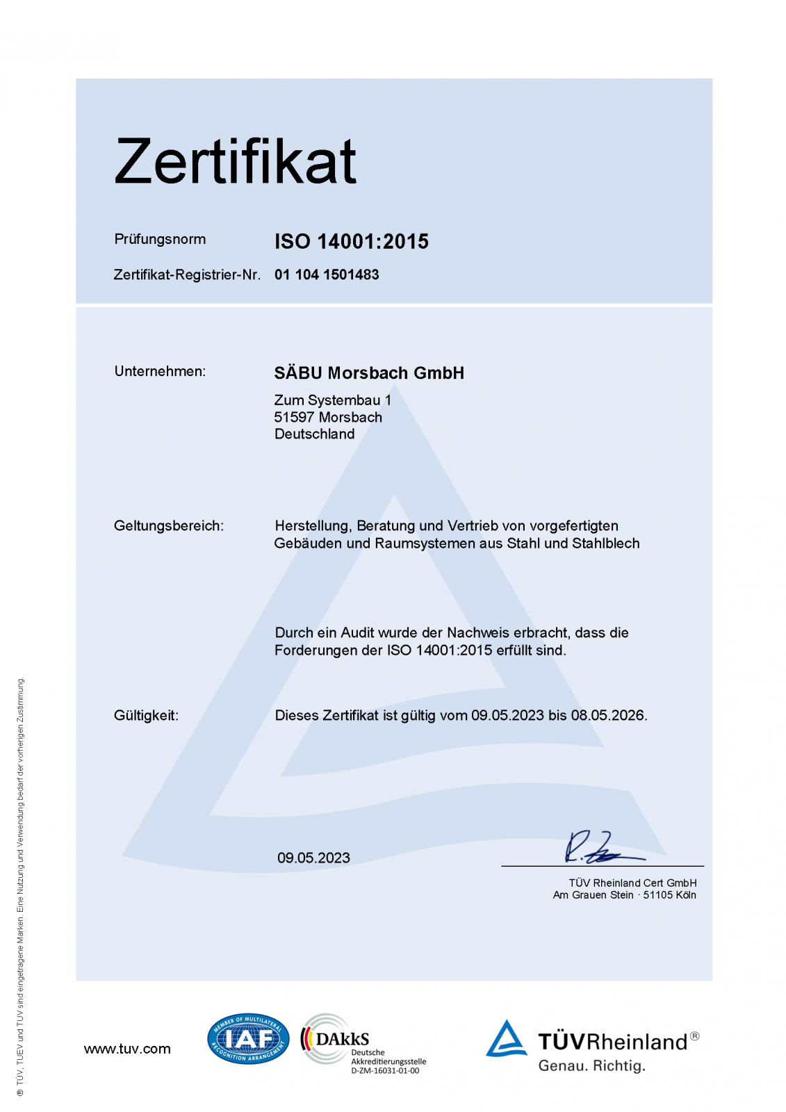 TÜV ISO 14001 Zertifikat